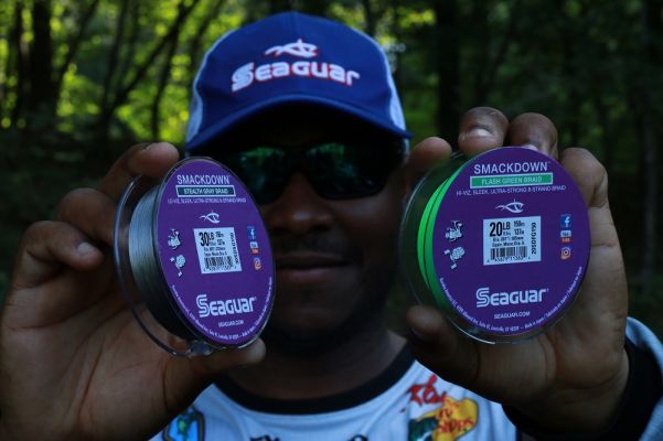 Finesse Fishing
MDJ is among the many professional anglers who use braid on his spinning reels exclusively.
&ldquo;The only time I use straight fluorocarbon on spinning gear is for small balsa crankbaits. The rest of the time it is going to be braid with a fluorocarbon leader,&rdquo; he shares.
His line of choice is 15-pound Seaguar Smackdown, and he starts with a leader of 8-pound Seaguar Tatsu fluorocarbon. &ldquo;I always start with 15 and 8, but on rare occasions, I&rsquo;ll go up to 20-pound braid. An 8lb leader is a good place to start, but if the water is really clear or there is a lot of fishing pressure, I&rsquo;ll go down to 6-pound,&rdquo; he says.
The line is available in a Stealth Gray and high-visibility Flash Green, and Daniels, Jr. says the Flash Green makes it easier to detect light bites and strikes as the bait is falling.